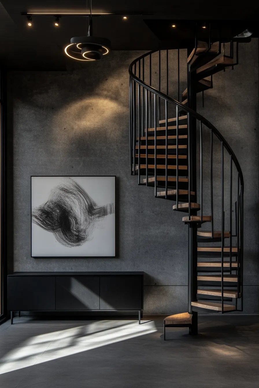 modern dark entryway with sculptural pendant light casting shadows over black console table against concrete walls