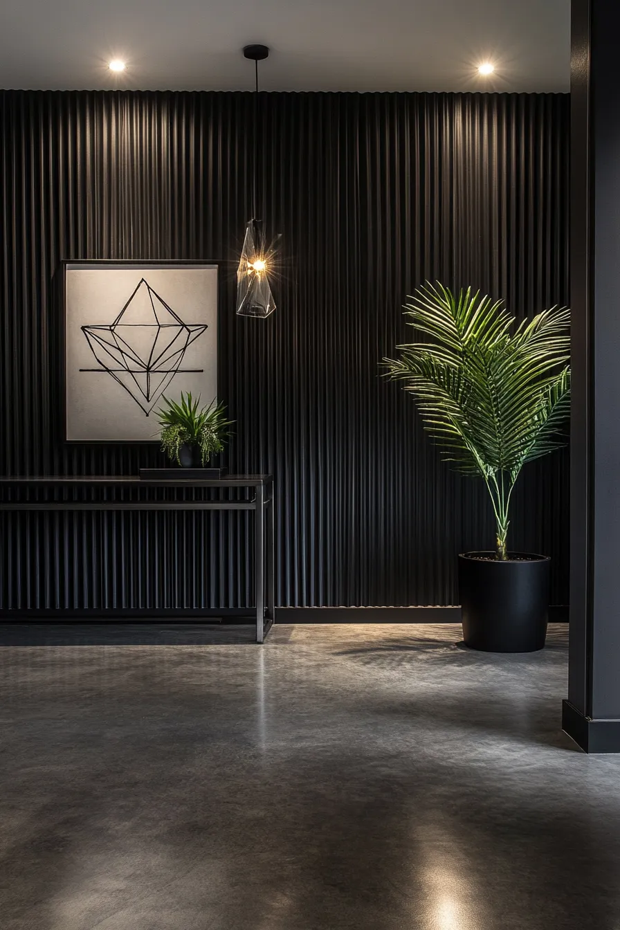 modern dark entryway with textured black walls metal console table geometric pendant light and tall palm plant