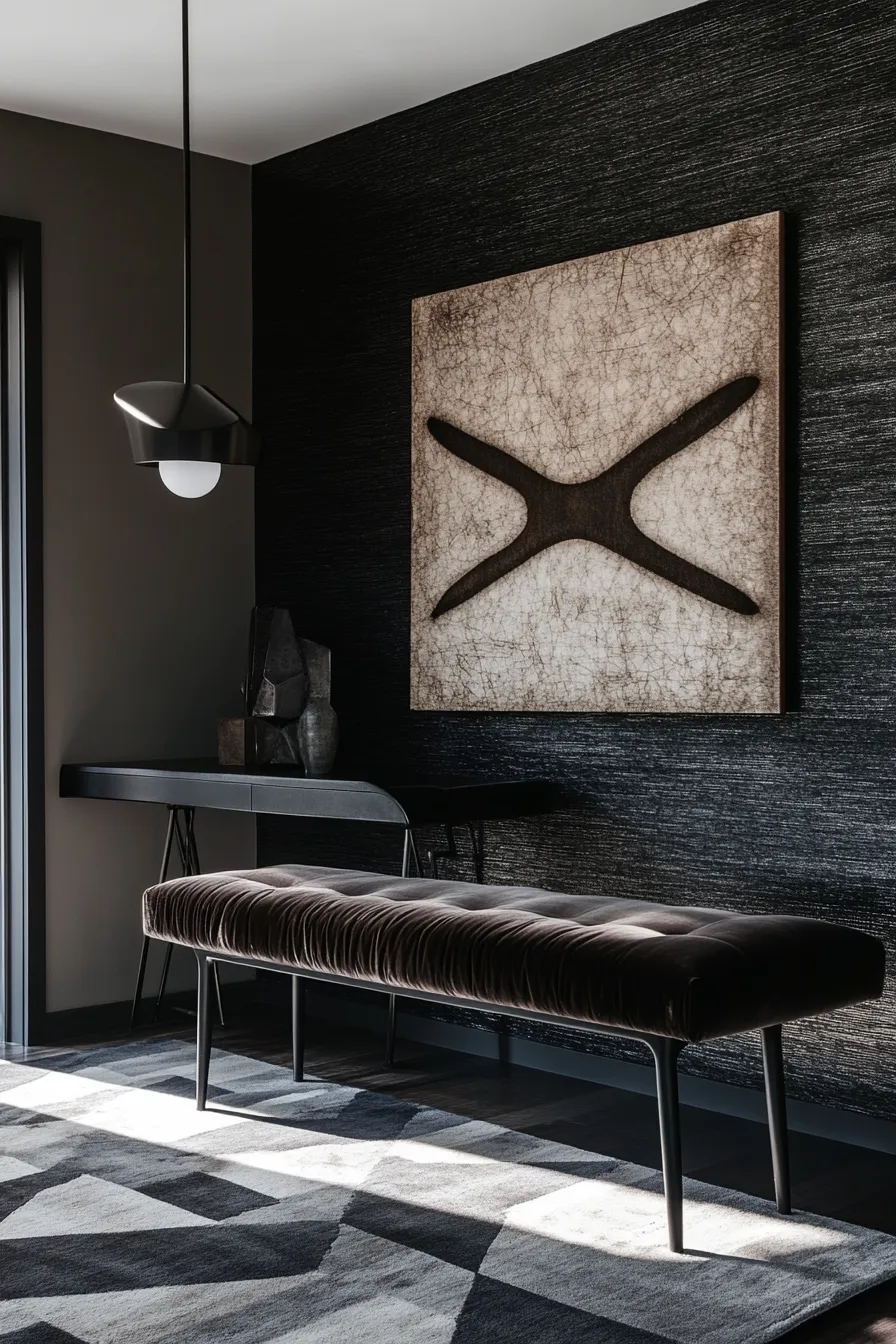 modern dark entryway with velvet bench against charcoal wall pendant light console table and geometric gray rug