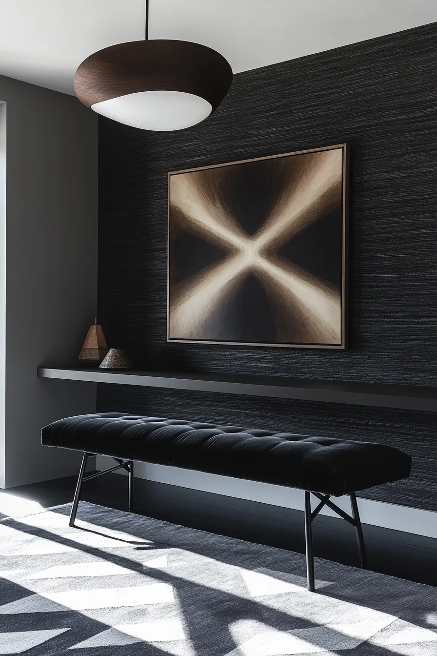 modern entryway featuring black velvet bench pendant light and minimalist console against dark walls