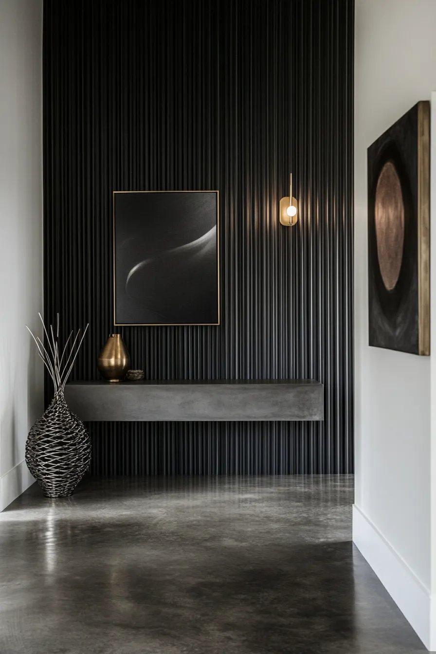 modern entryway with black ribbed wall paneling concrete floors and minimalist metal decor elements