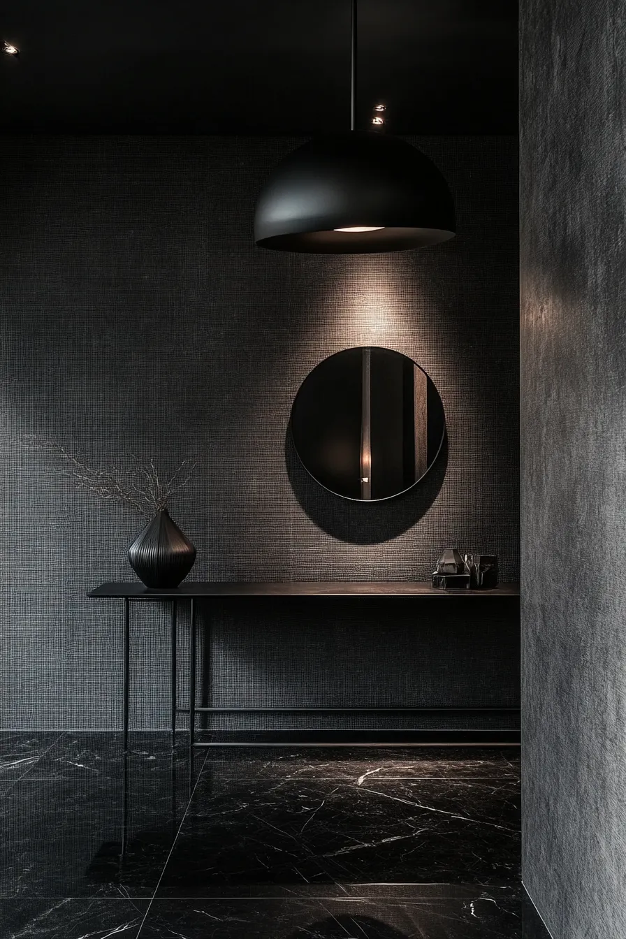 modern entryway with dark walls pendant lighting floating console table and strategic ambient lighting