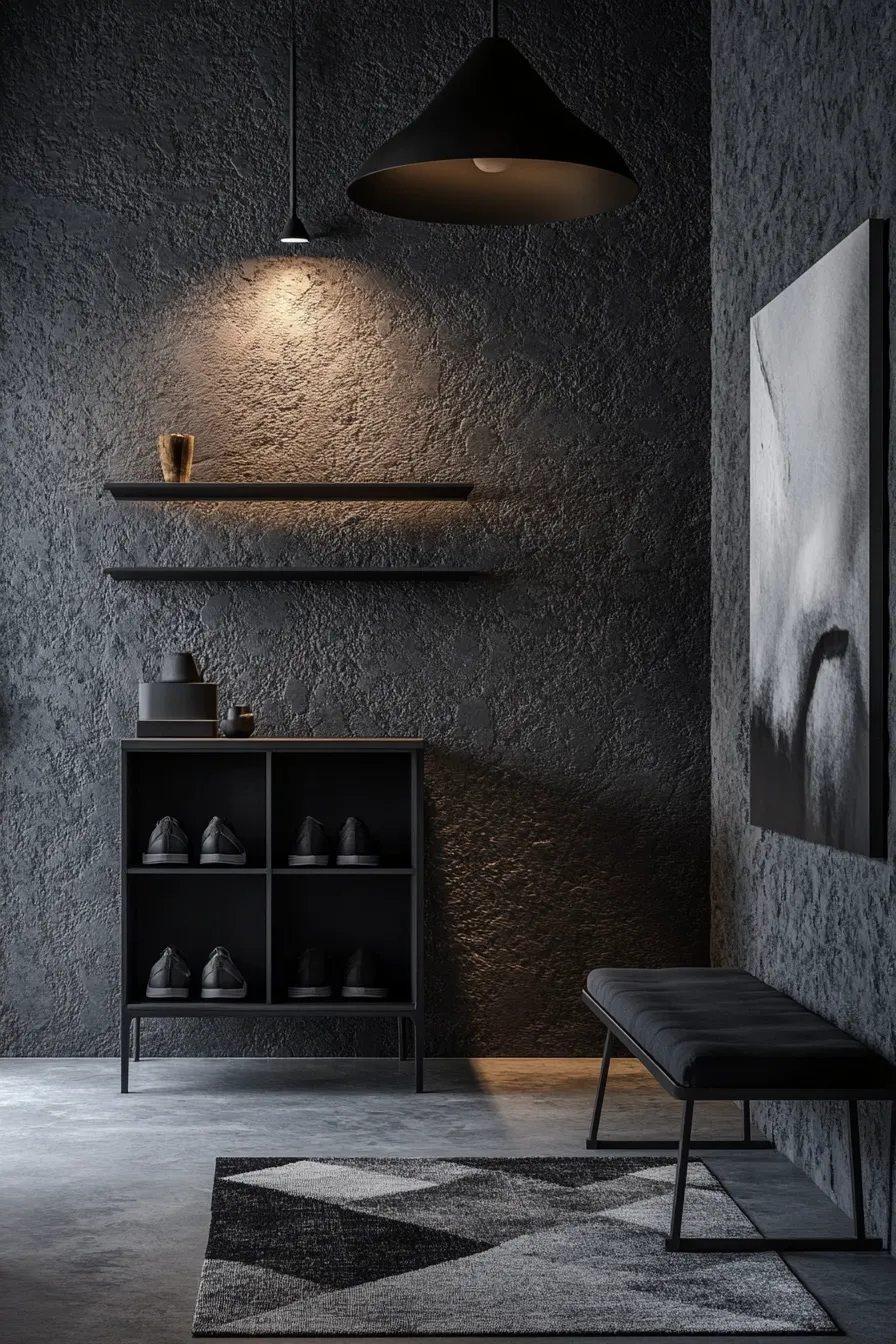 modern entryway with matte black lighting textured walls geometric runner and floating storage shelves