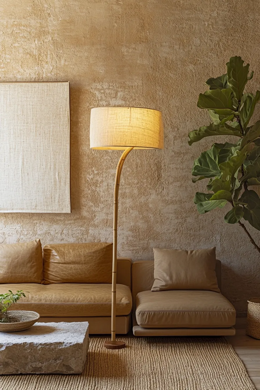 modern floor lamp casting warm light across organic living room with natural textures and materials