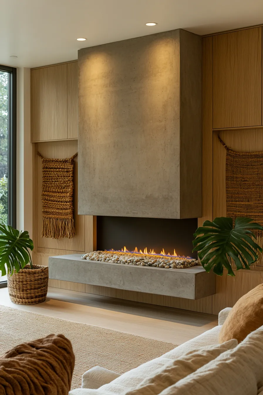 modern living room featuring concrete fireplace natural oak storage earthtoned seating and large windows