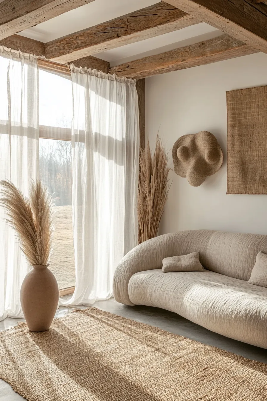 modern living room featuring layered window treatments ceramic vase with pampas grass and natural textural elements