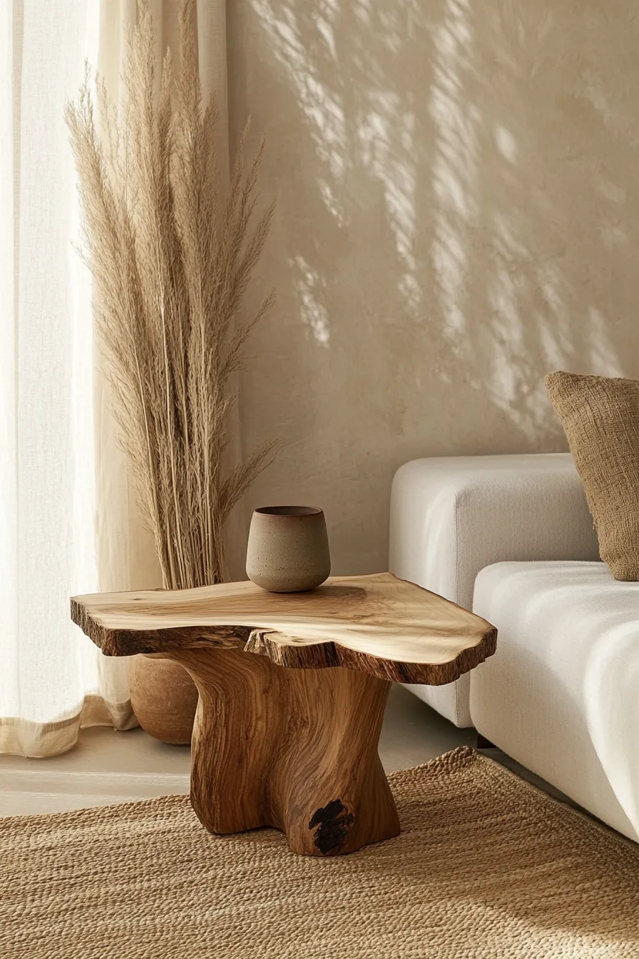 modern living room featuring wooden side table with brass details textural walls and natural light filtering through sheer curtains