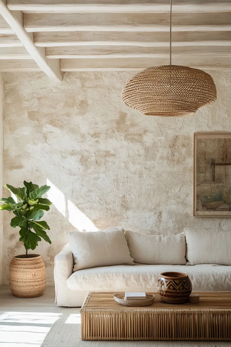 modern living room featuring woven pendant light casting geometric shadows on textured walls with minimal organic furniture