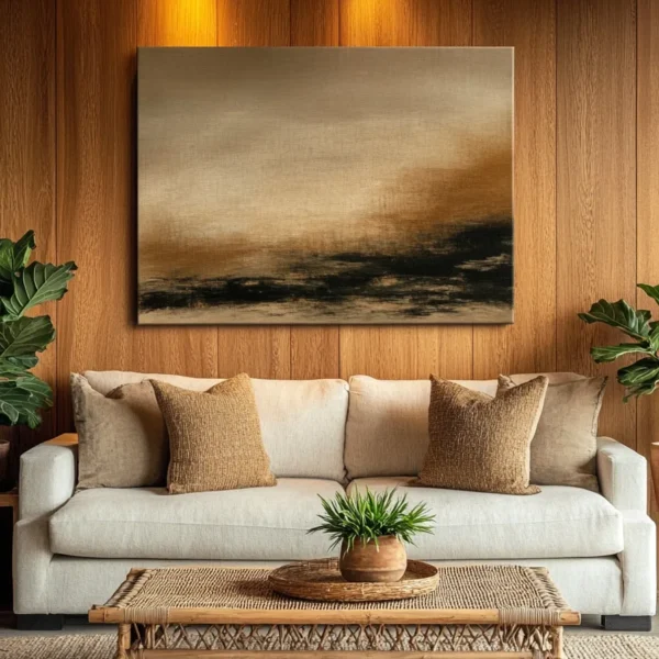 modern living room with abstract canvas above linen sofa featuring wood paneling bamboo coffee table and fiddle leaf fig