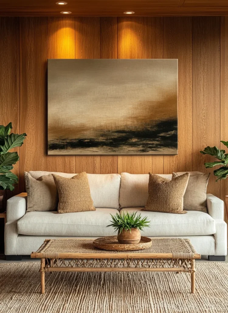 modern living room with abstract canvas above linen sofa featuring wood paneling bamboo coffee table and fiddle leaf fig