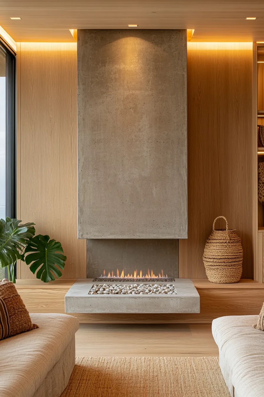 modern living room with concrete fireplace builtin storage natural textiles and organic decor