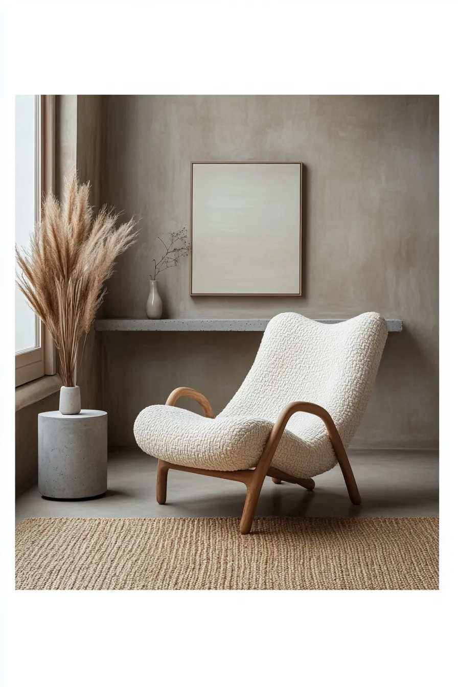 modern living room with curved accent chair floating shelf and pampas grass in ceramic vase near window