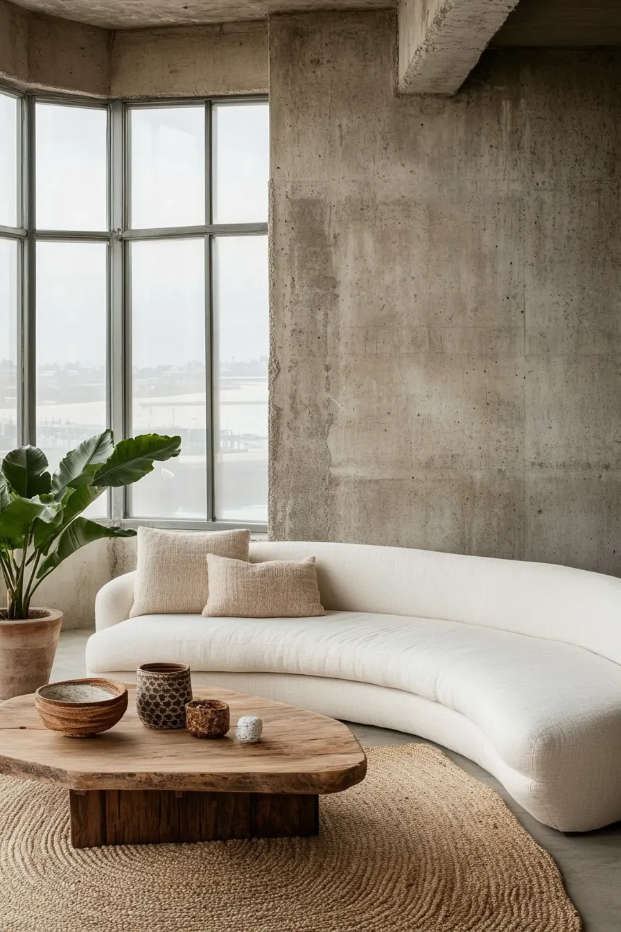 modern living room with curved ivory sofa natural light concrete walls wooden table and organic decor