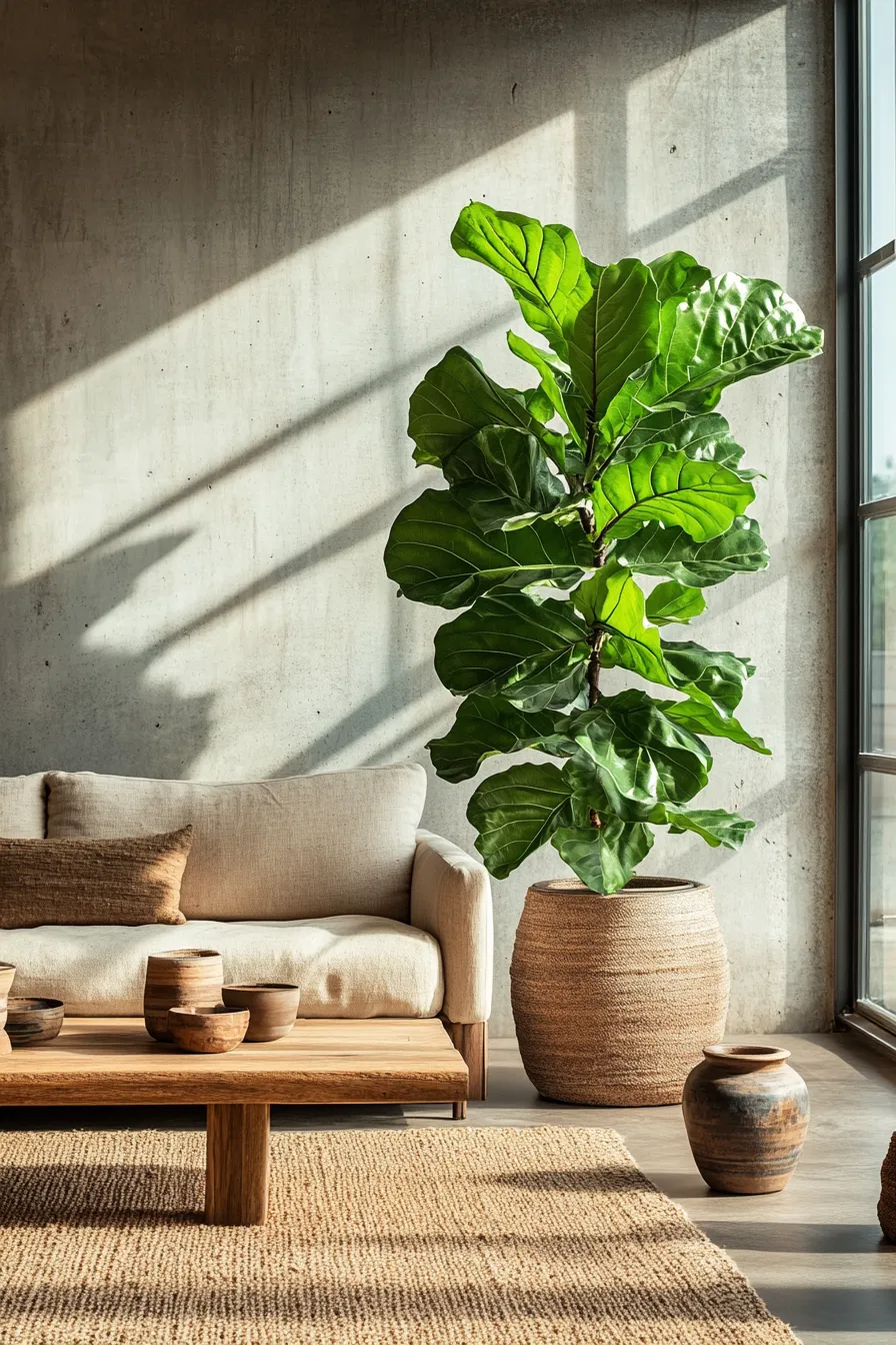 modern living room with fiddle leaf fig plant concrete wall linen sofa wood coffee table and jute rug