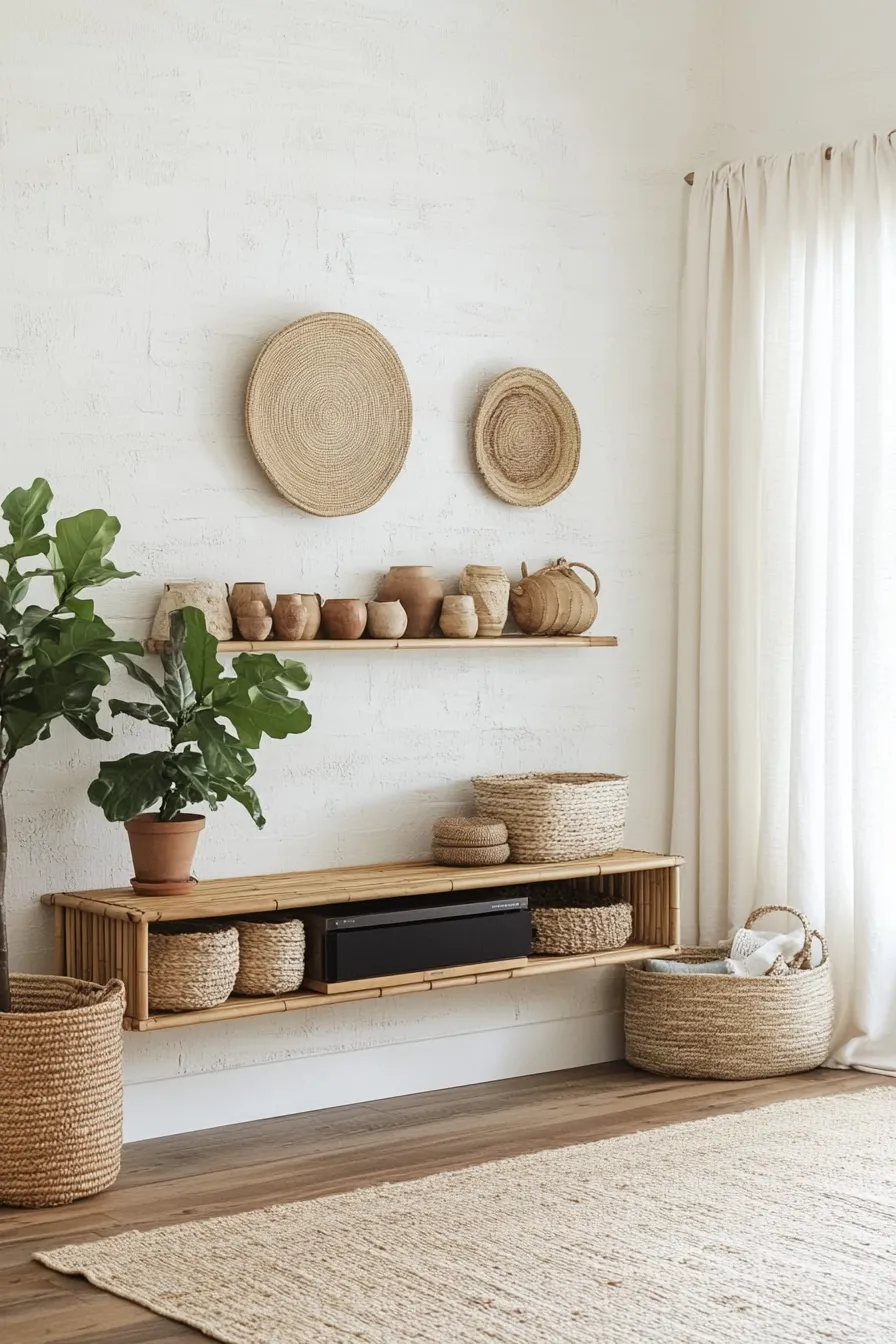 modern living room with floating wood media console natural decor and plants in filtered daylight