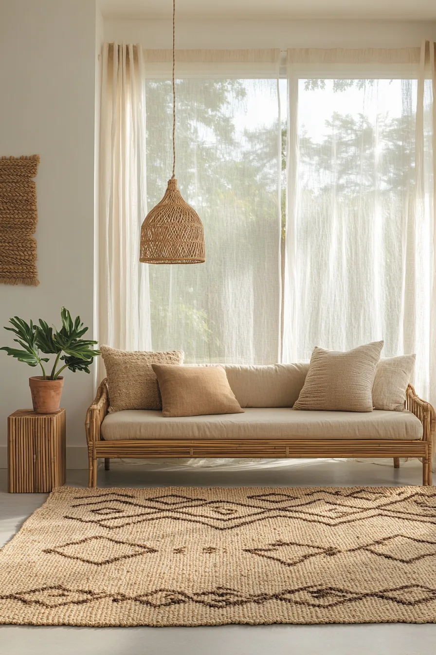 modern living room with jute rug bamboo sofa floortoceiling windows teak side table and natural decor elements