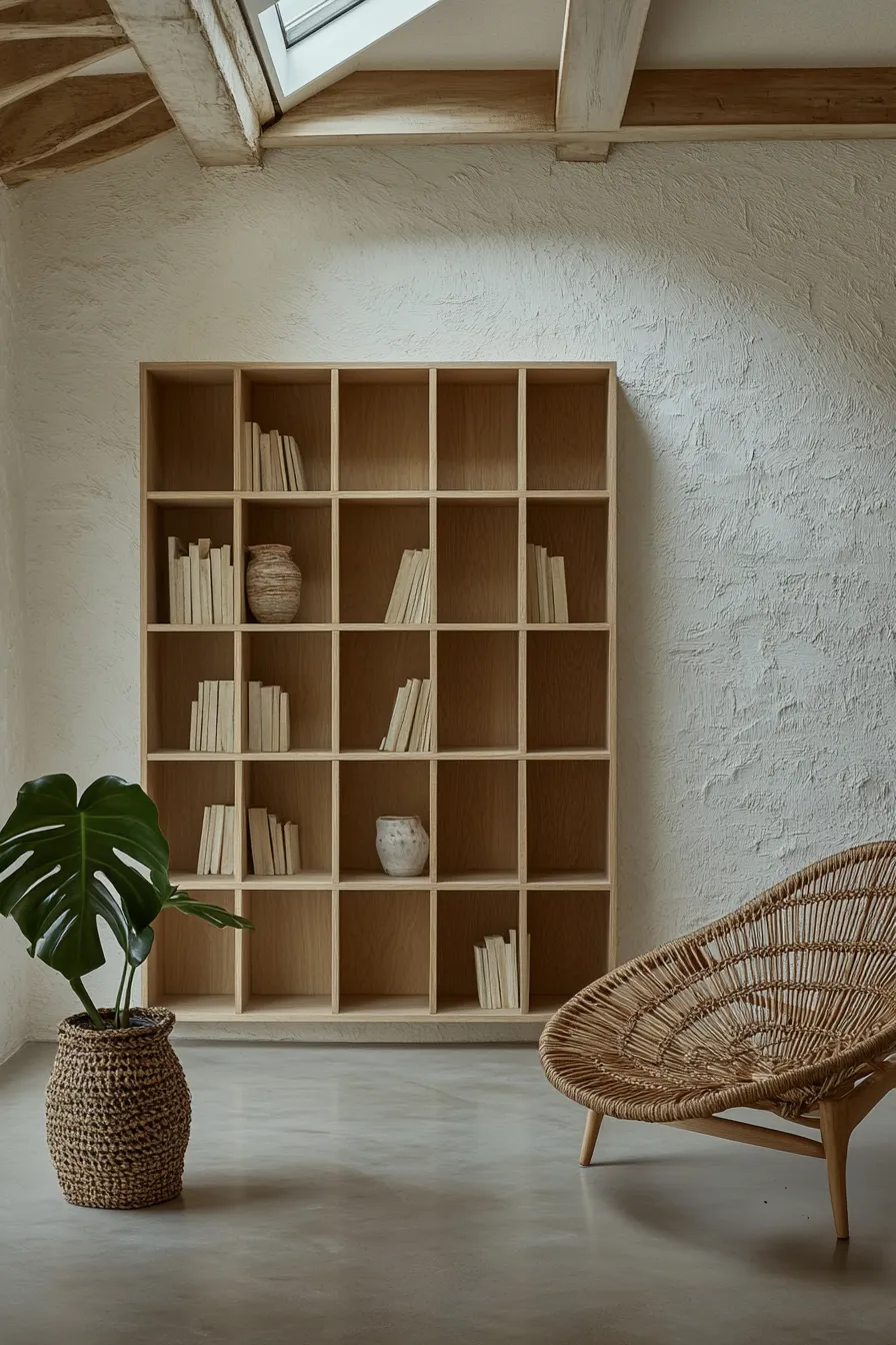 modern living room with oak builtins textured walls floating shelves concrete floors and natural decor elements