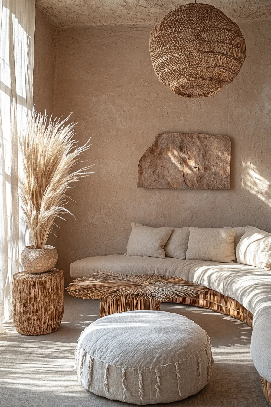 modern living room with rattan sofa textured walls linen pouf and ceramic vessel with pampas grass