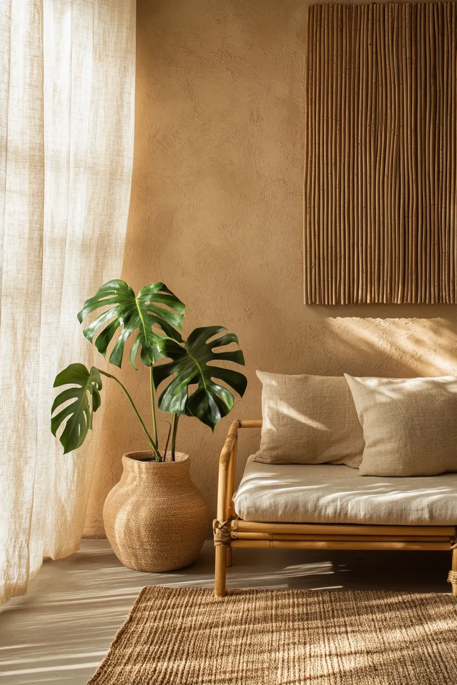 modern living room with sandcolored clay walls bamboo sofa jute rug ceramic decor and monstera plant in natural light