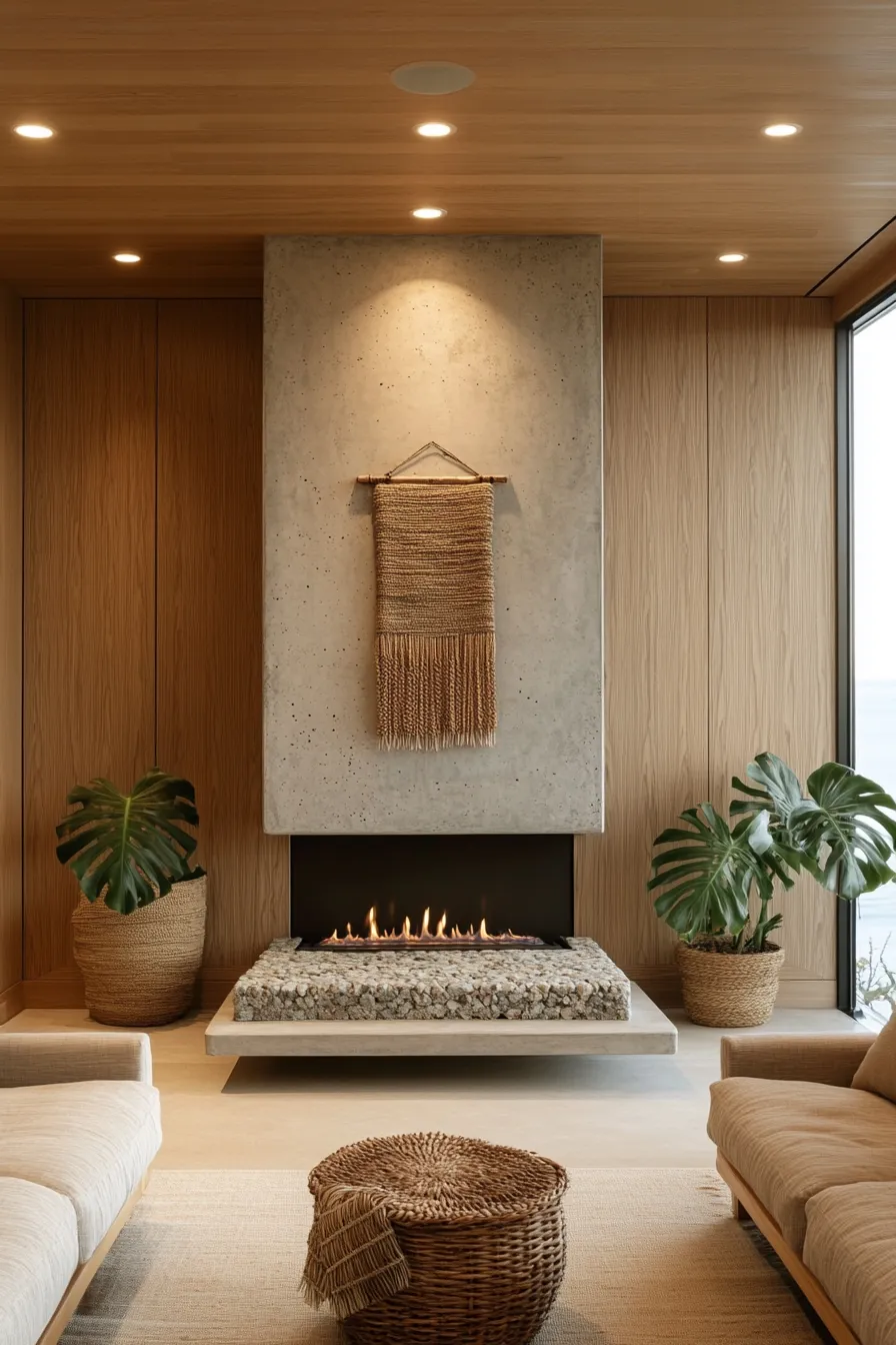 modern organic living room centered on concrete fireplace with builtins and natural decor elements