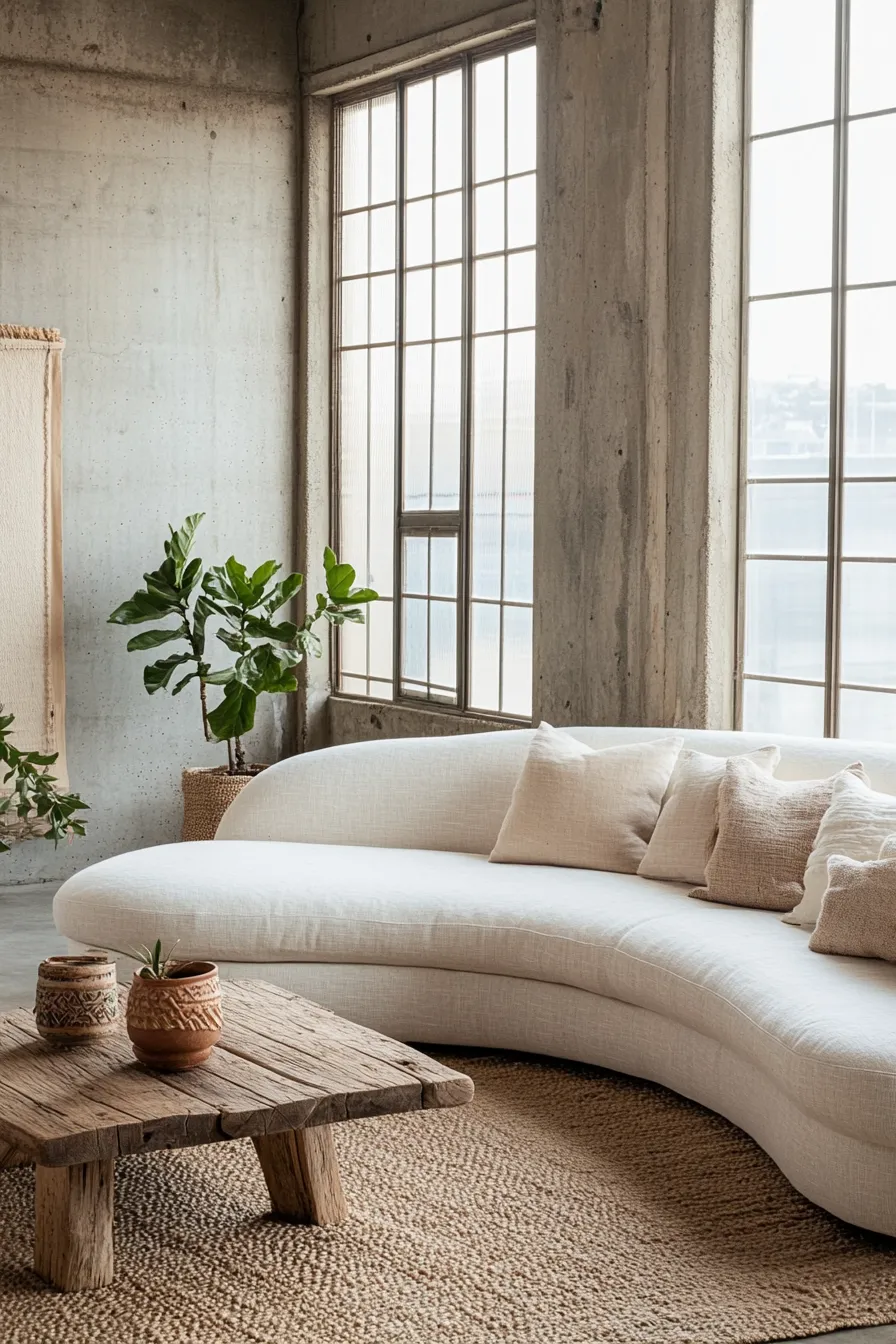 modern organic living room featuring curved ivory sofa concrete wall floortoceiling windows wood coffee table jute rug