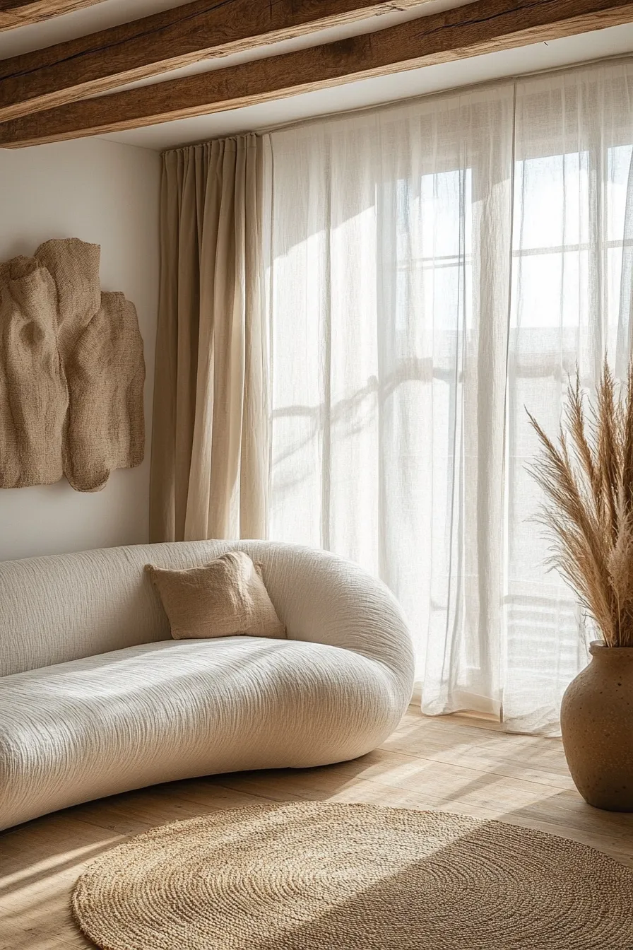 modern organic living room featuring floortoceiling drapes wooden details and handwoven textural elements