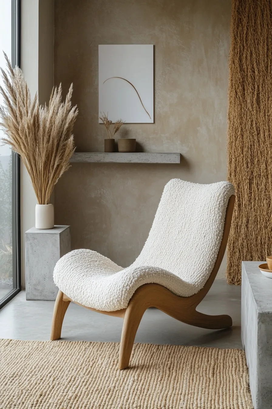 modern organic living room featuring sculptural accent chair with natural wood frame and textured ivory upholstery beside window