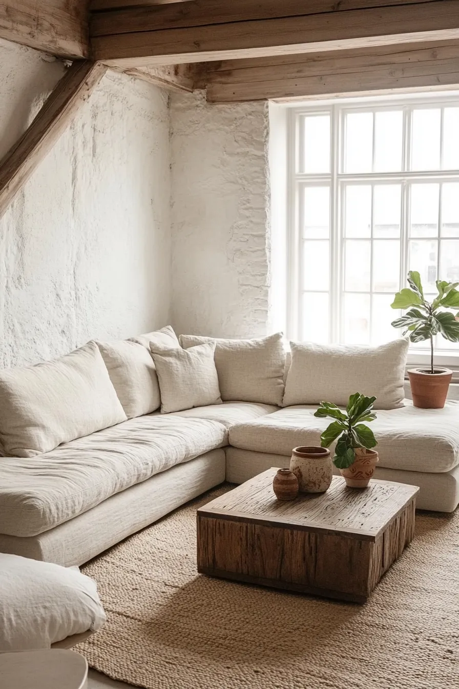 modern organic living room layout with natural linen corner sofa and reclaimed wood accents