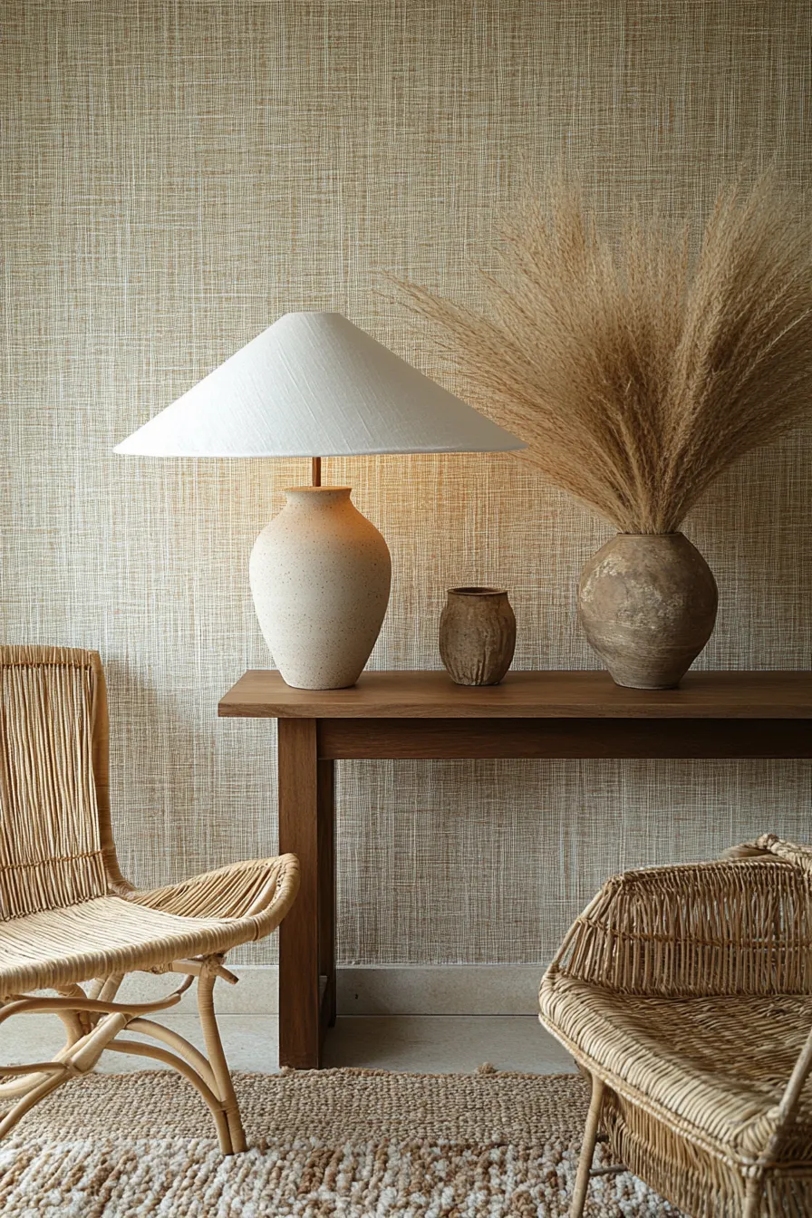 modern organic living room with ceramic lamp illuminating natural textures and earth tone decor