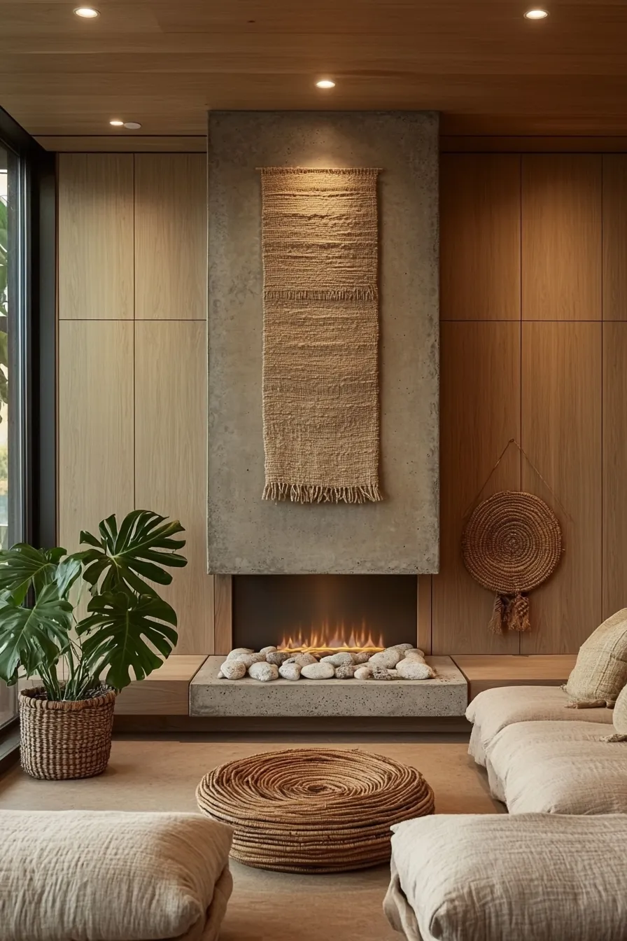 modern organic living room with concrete fireplace oak builtins linen seating floortoceiling windows and natural decor