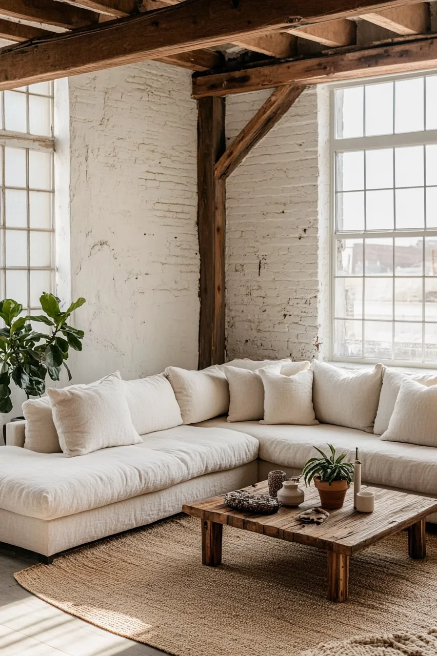 modern organic living room with lshaped linen sofa wooden beams floortoceiling windows and natural decor elements