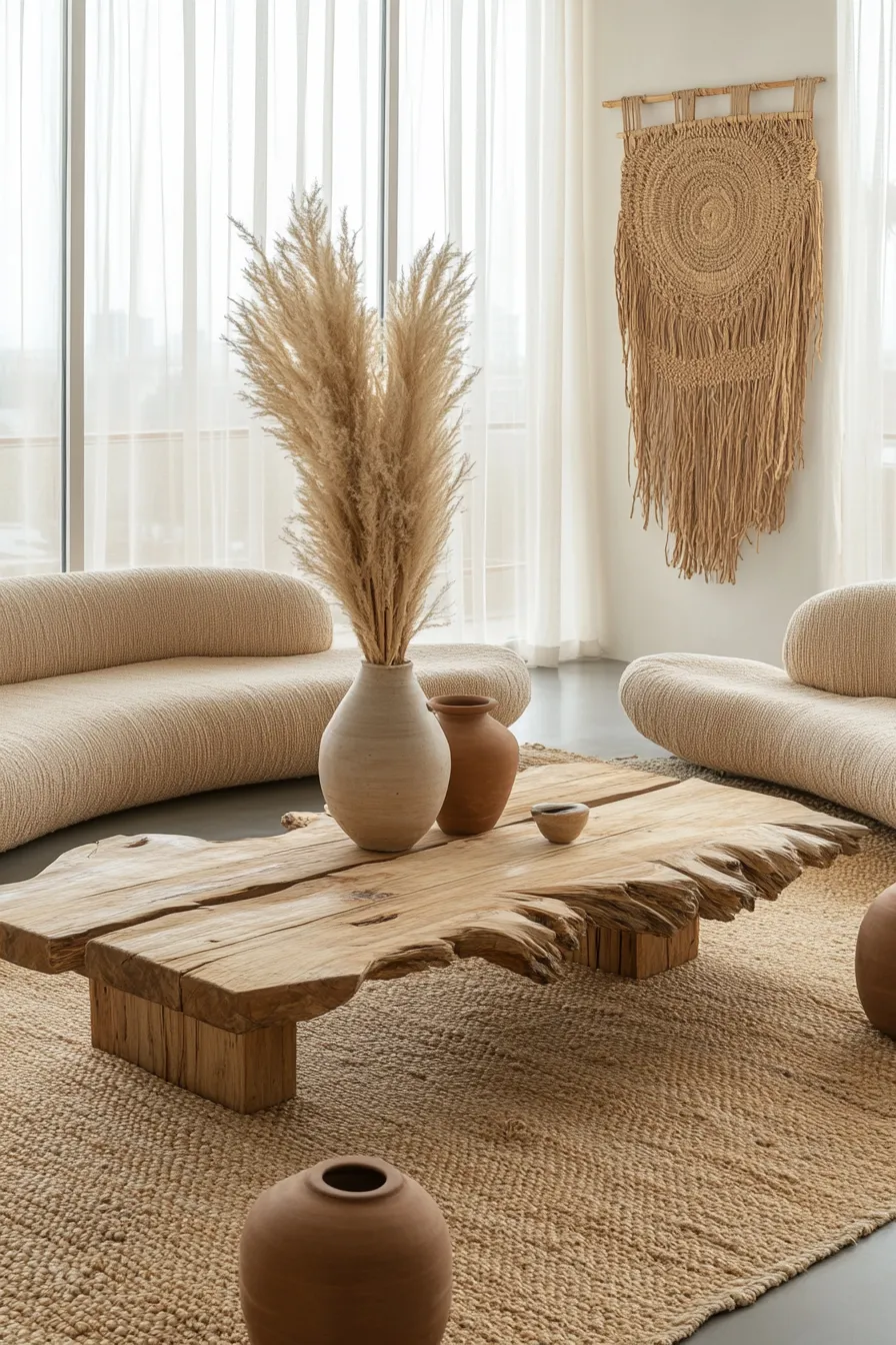 modern organic living room with teak coffee table boucl seating jute rug and ceramic decor near tall windows