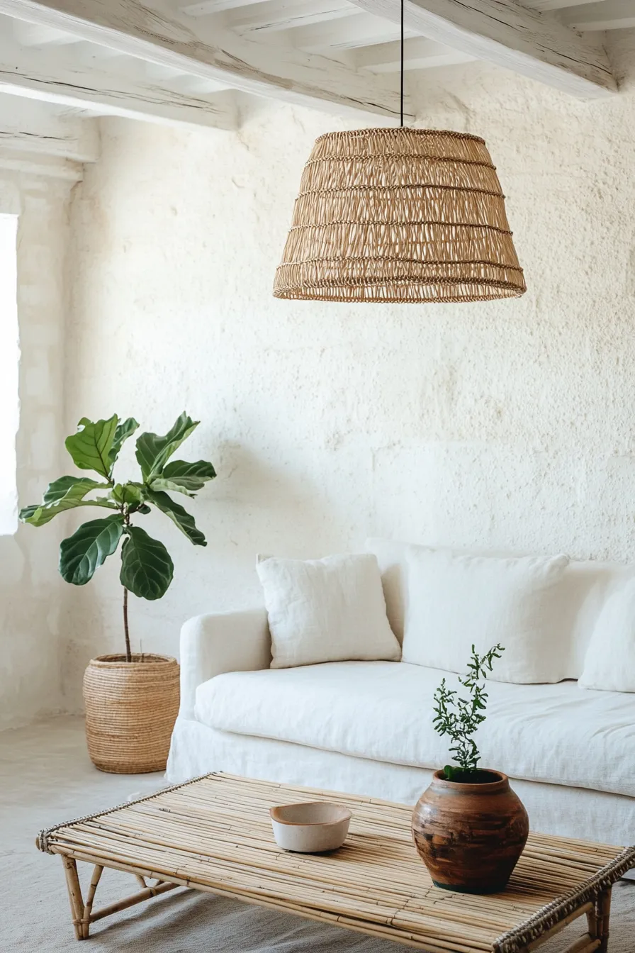 modern organic room with woven light fixture casting patterns over textured walls and natural furniture pieces