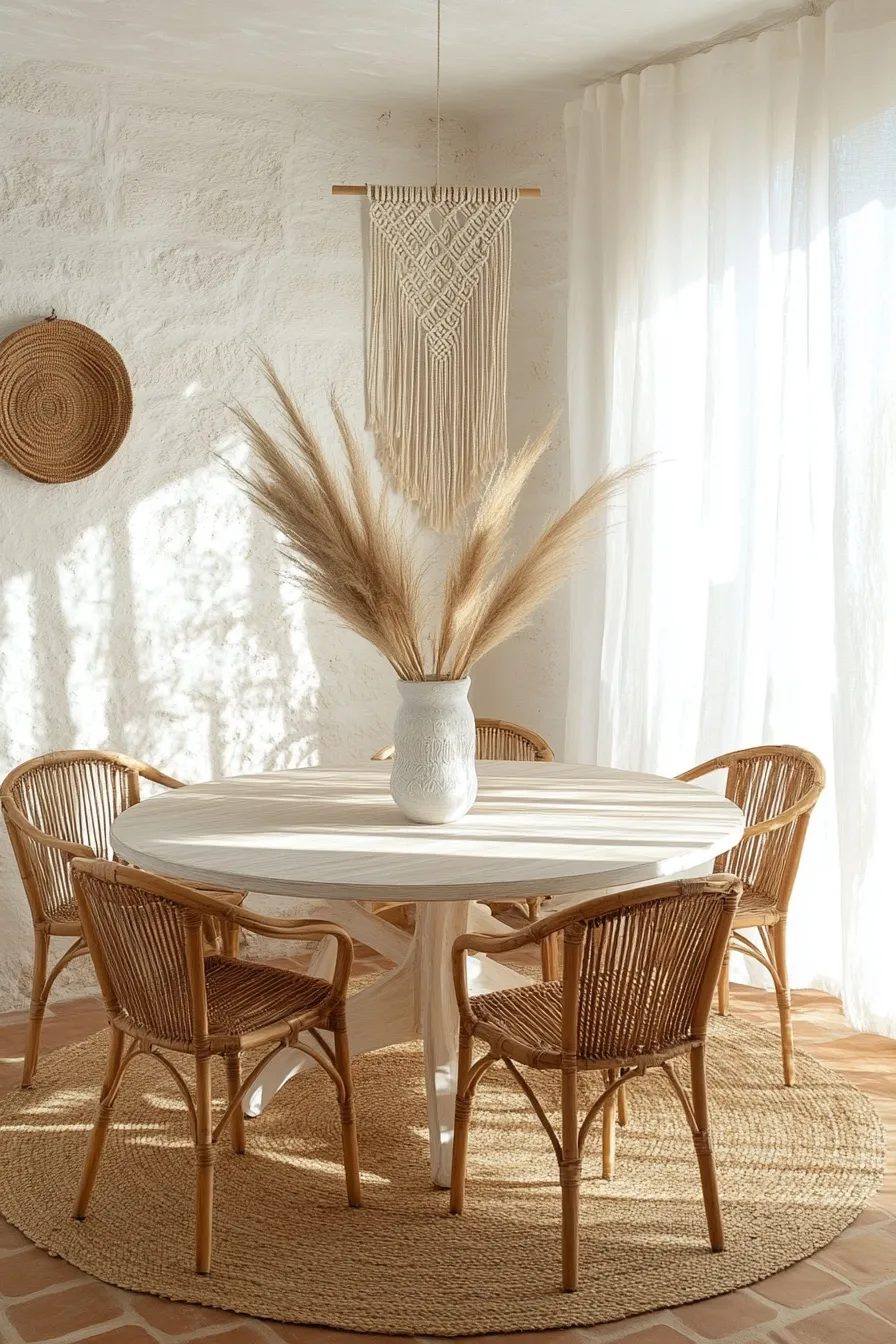 modern spanish dining room featuring round oak table pendant lighting mediterranean wall decor and natural textures