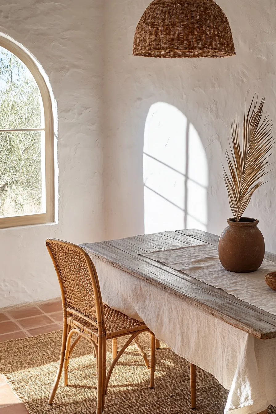 modern spanish dining room featuring teak table stucco walls arched windows and woven textiles on terracotta flooring