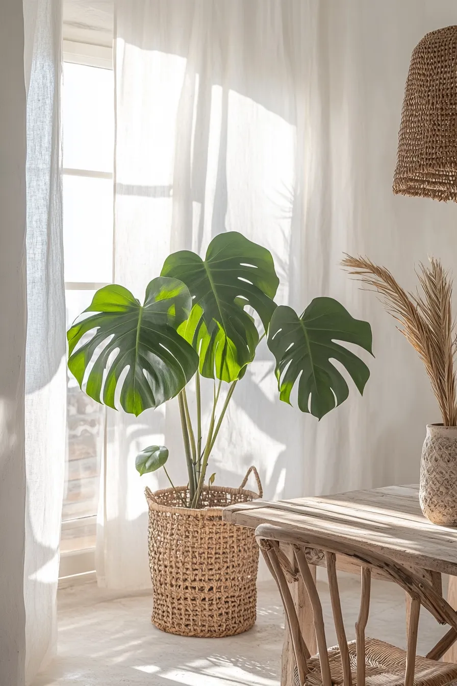 modern spanish dining room with large monstera plant white walls wooden table and filtered sunlight