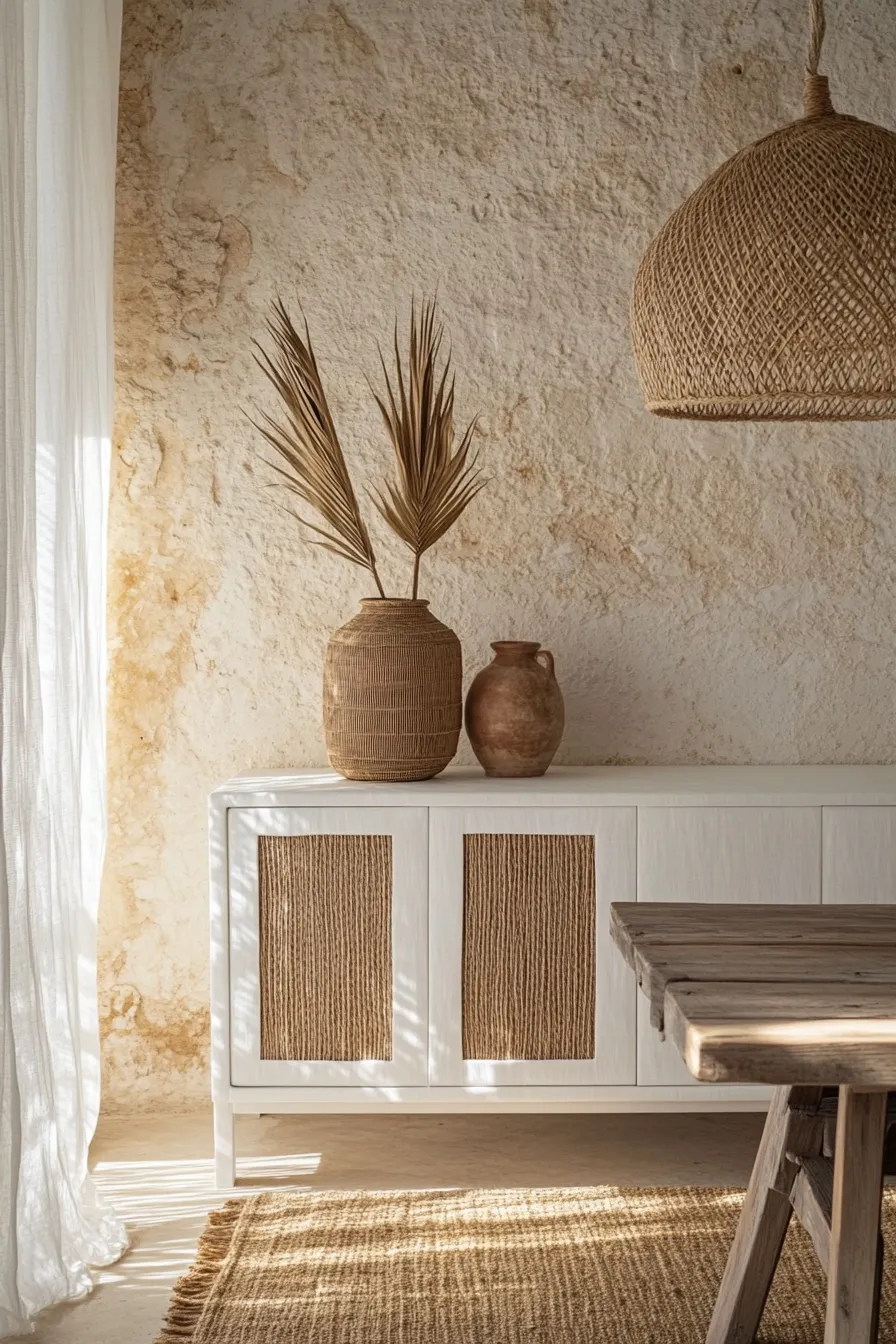 modern spanish dining room with white storage cabinet rattan details wooden dining table and jute rug