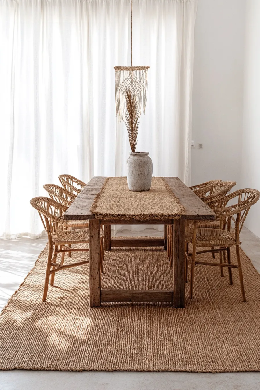 modern spanish dining space with woven rug wooden table rattan chairs and macrame light fixture