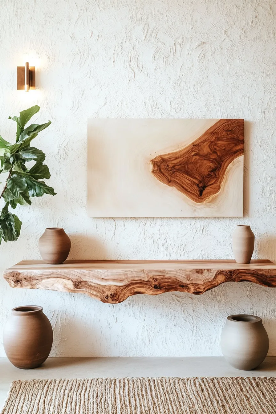 modern wooden console table with bronze hardware beneath accent lighting complemented by jute rug and ceramic vessel