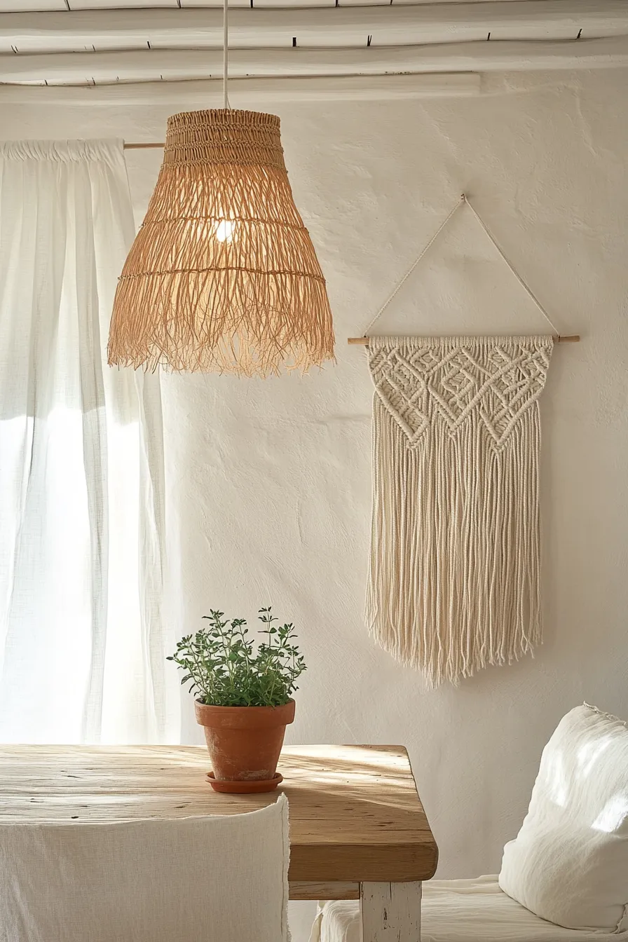 natural fiber pendant light suspended above dining table with white stucco walls and terracotta potted herbs