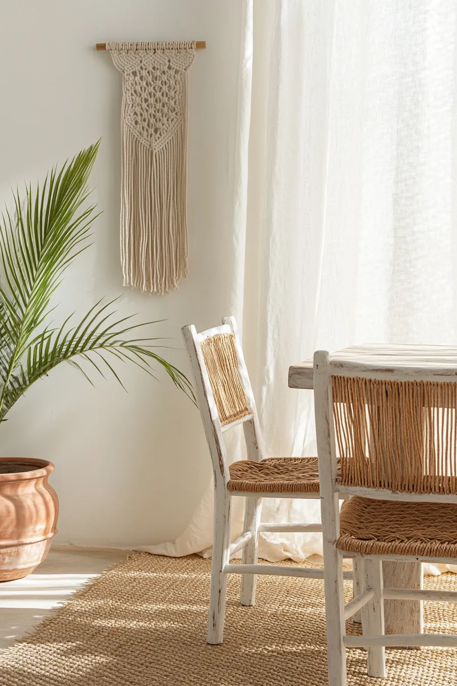 natural fiber rattan dining chair with whitewashed frame next to wooden table featuring macram decor and sisal rug