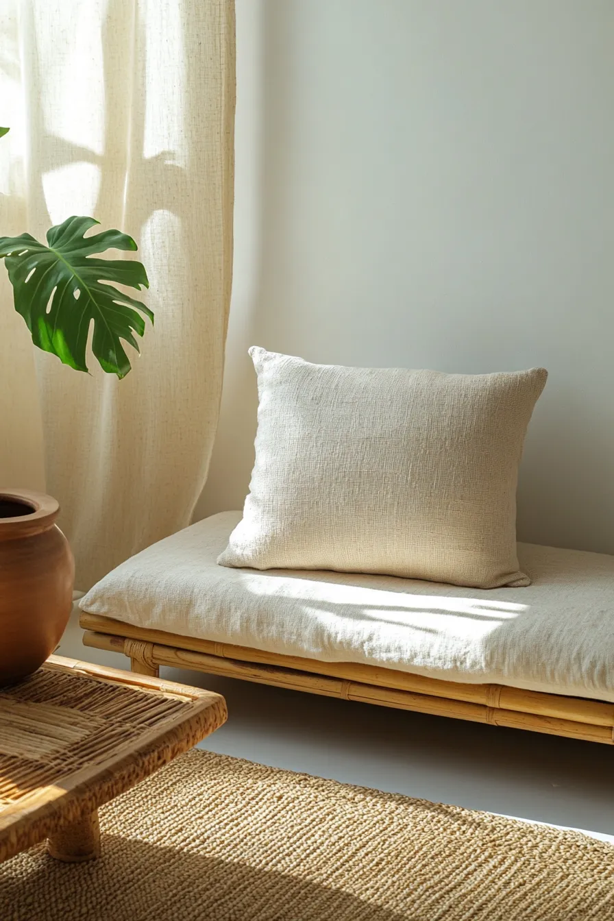 natural light living room with textured pillows bamboo furniture hemp curtains jute rug potted plant