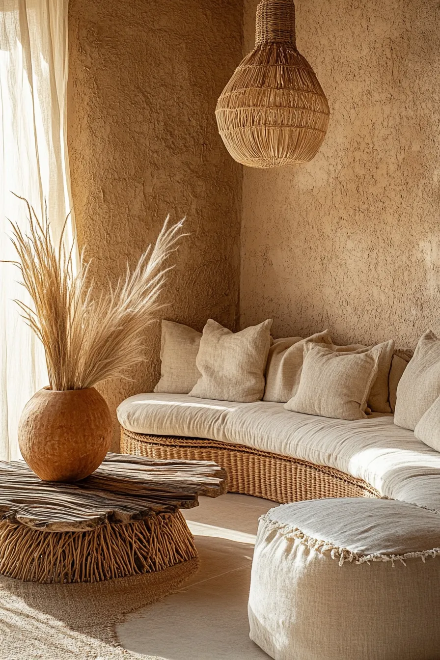 natural linen pouf beside curved rattan sofa with boucl upholstery liveedge table beneath woven pendant