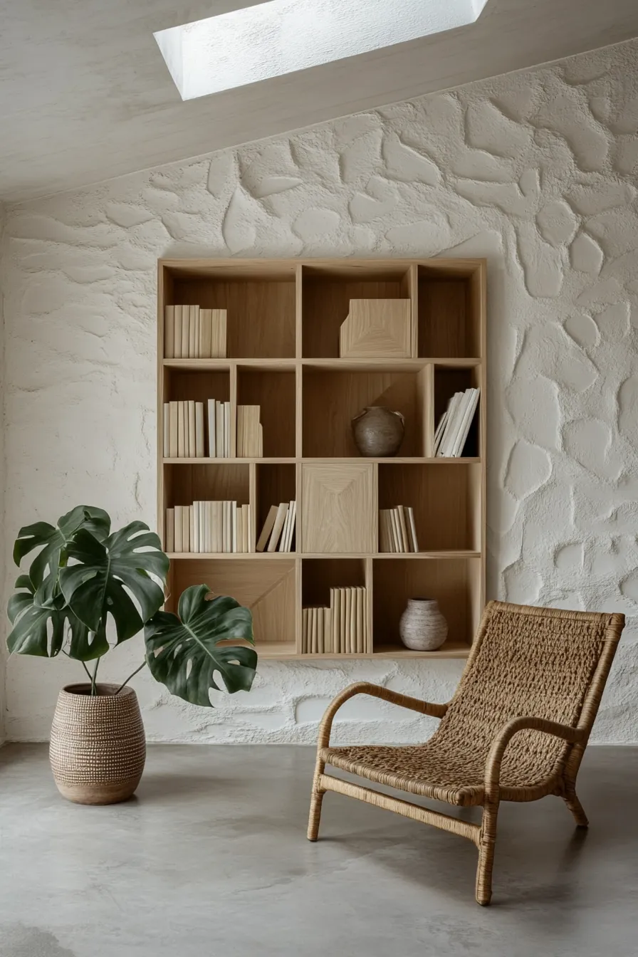 natural oak floating bookshelf system with asymmetrical compartments white walls and modern organic decor