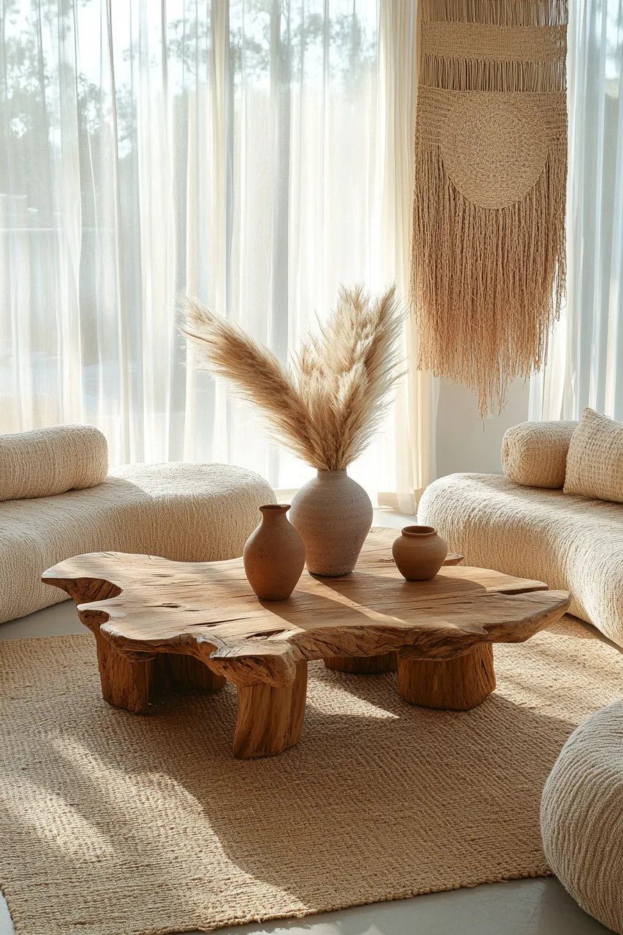 natural wood coffee table centered in living room with neutral seating textured rug and linen curtains