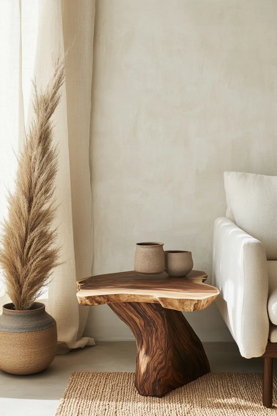 natural wood side table with organic curves positioned against textured wall with soft lighting and natural decorative elements