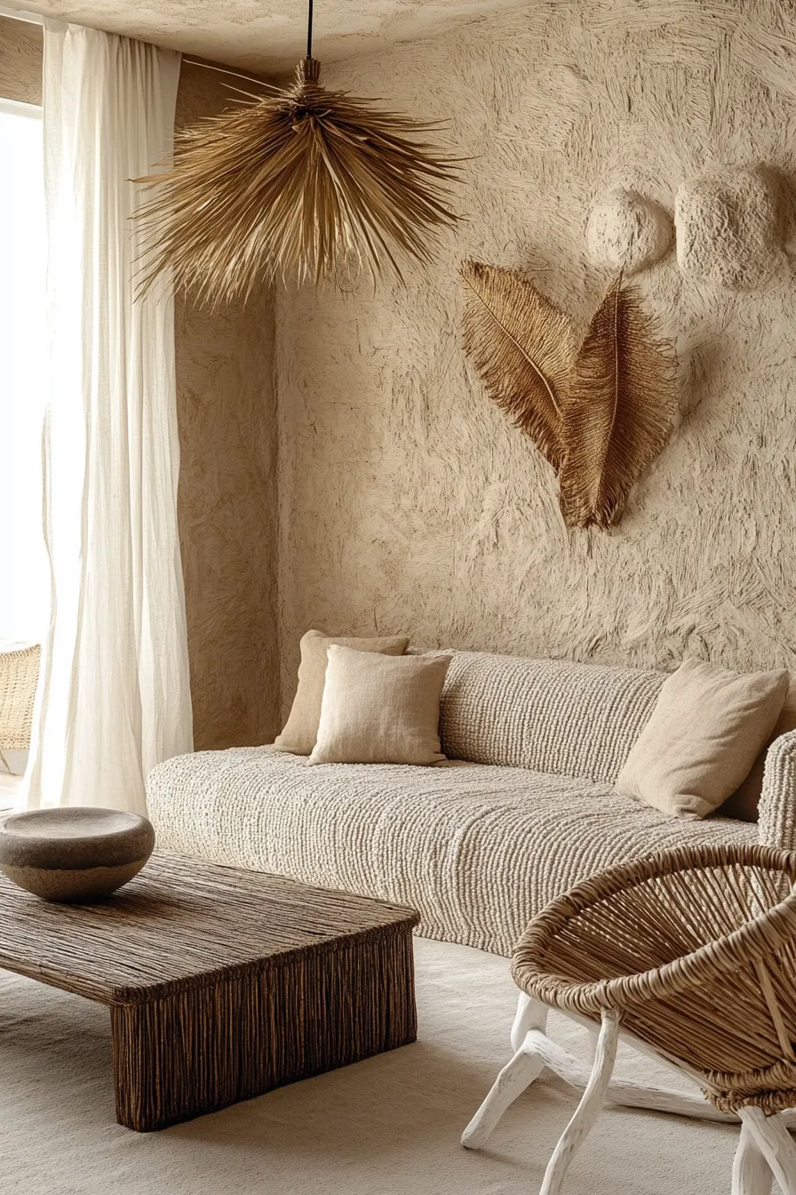 organic modern living room featuring natural light filtering through linen drapes illuminating textured walls and sculptural furniture