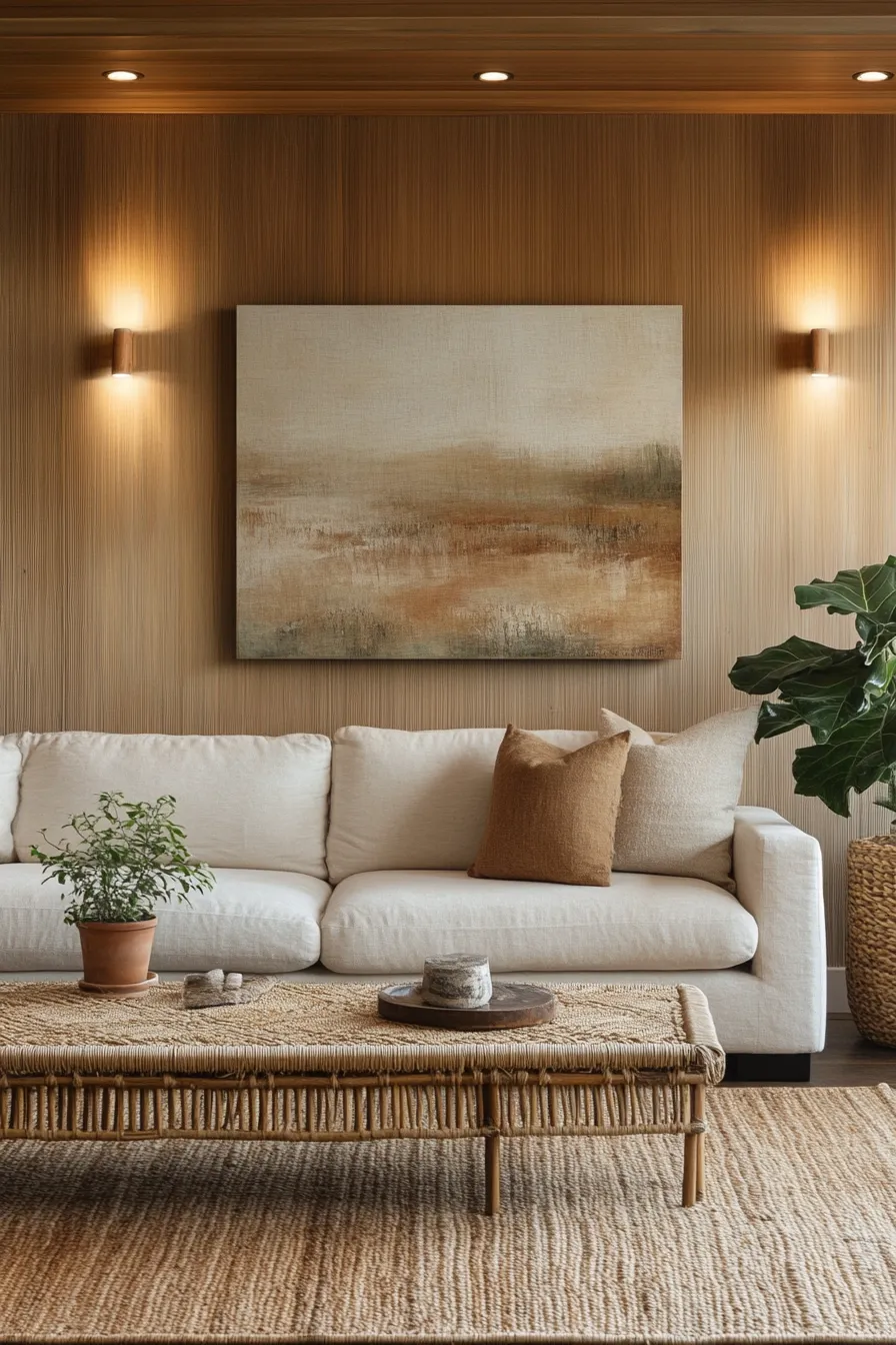 organic modern living room featuring natural materials ambient lighting abstract art and botanical accents