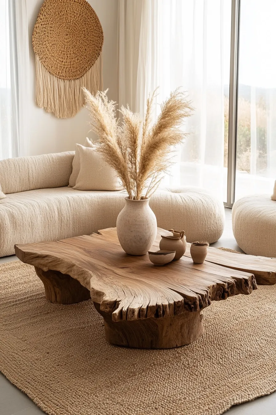 organic modern living room featuring sculptural wood table neutral seating natural textiles and dried pampas grass