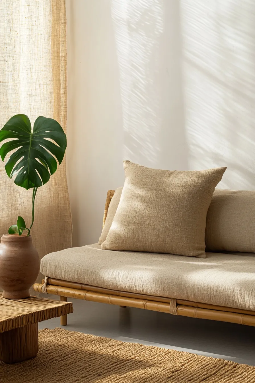 organic modern room with linen pillows bamboo sofa white walls natural textiles ceramic planter